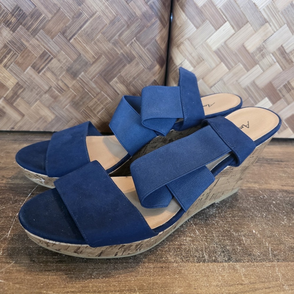 American Eagle Shoes Women's Size 12 Navy Blue Wedge Sandals Cork Heel Straps